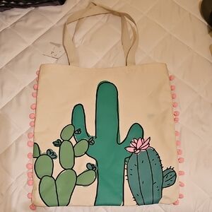 Cactus Canvas Tote Bag with Pink Pom Poms